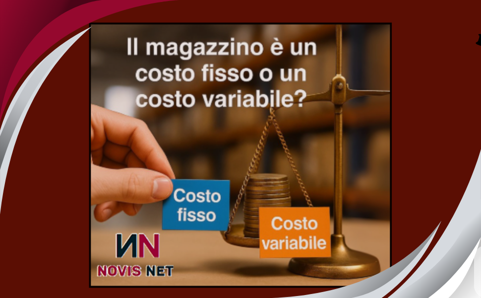 Bilancia che confronta “Costo fisso” e “Costo variabile” nel magazzino aziendale, con logo Novis Net e domanda: "Il magazzino è un costo fisso o un costo variabile?"
